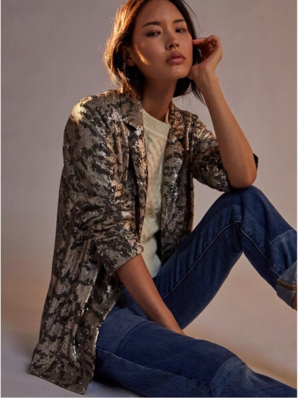 Maeve Metallic Sequin Blazer in Silver and Black